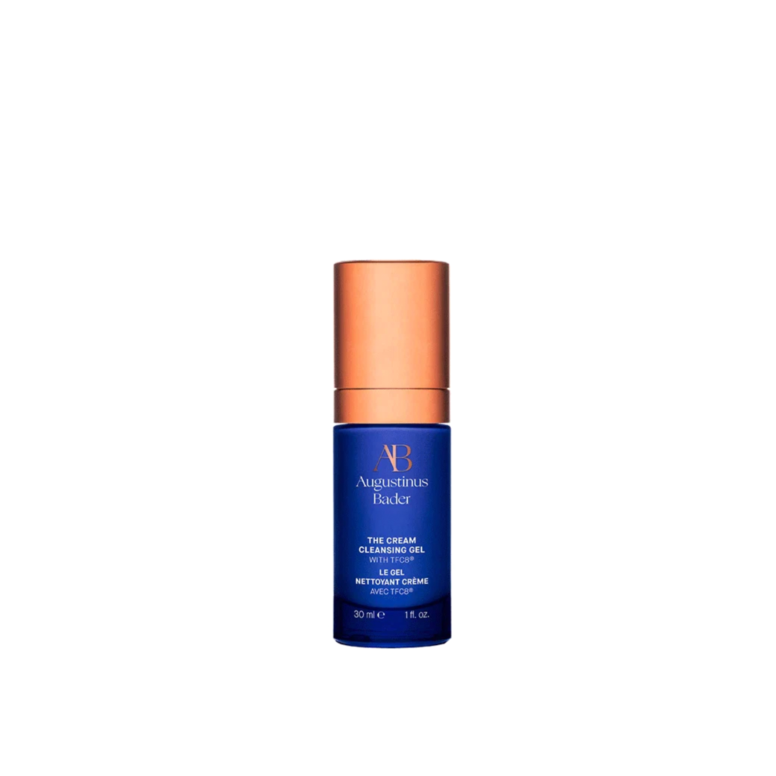 A bottle of Augustinus Bader The Cream Cleansing Gel - 30ml with a blue label and copper cap.
