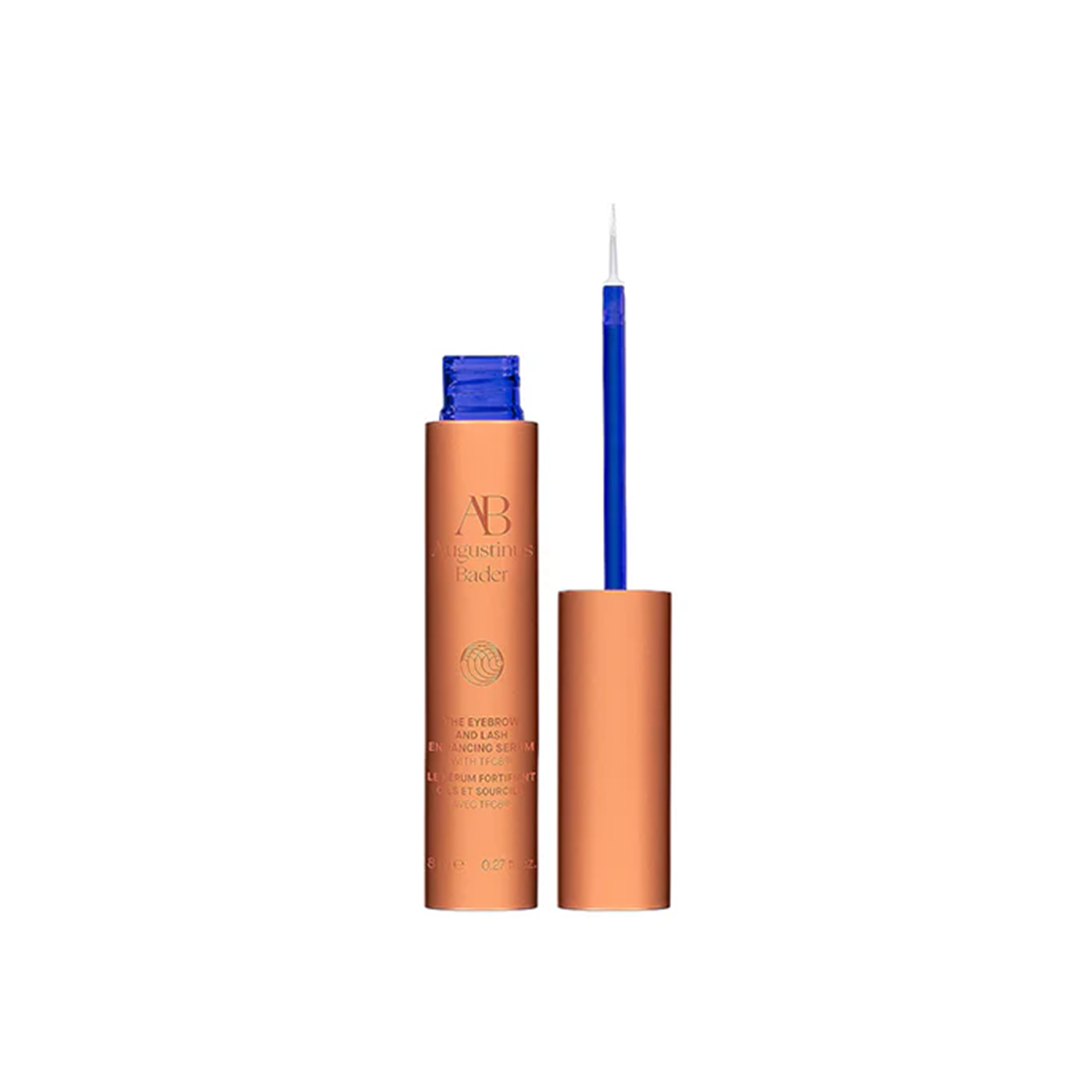 A bottle of Augustinus Bader The Eyebrow and Lash Enhancing Serum with a orange tint and brand detailing.