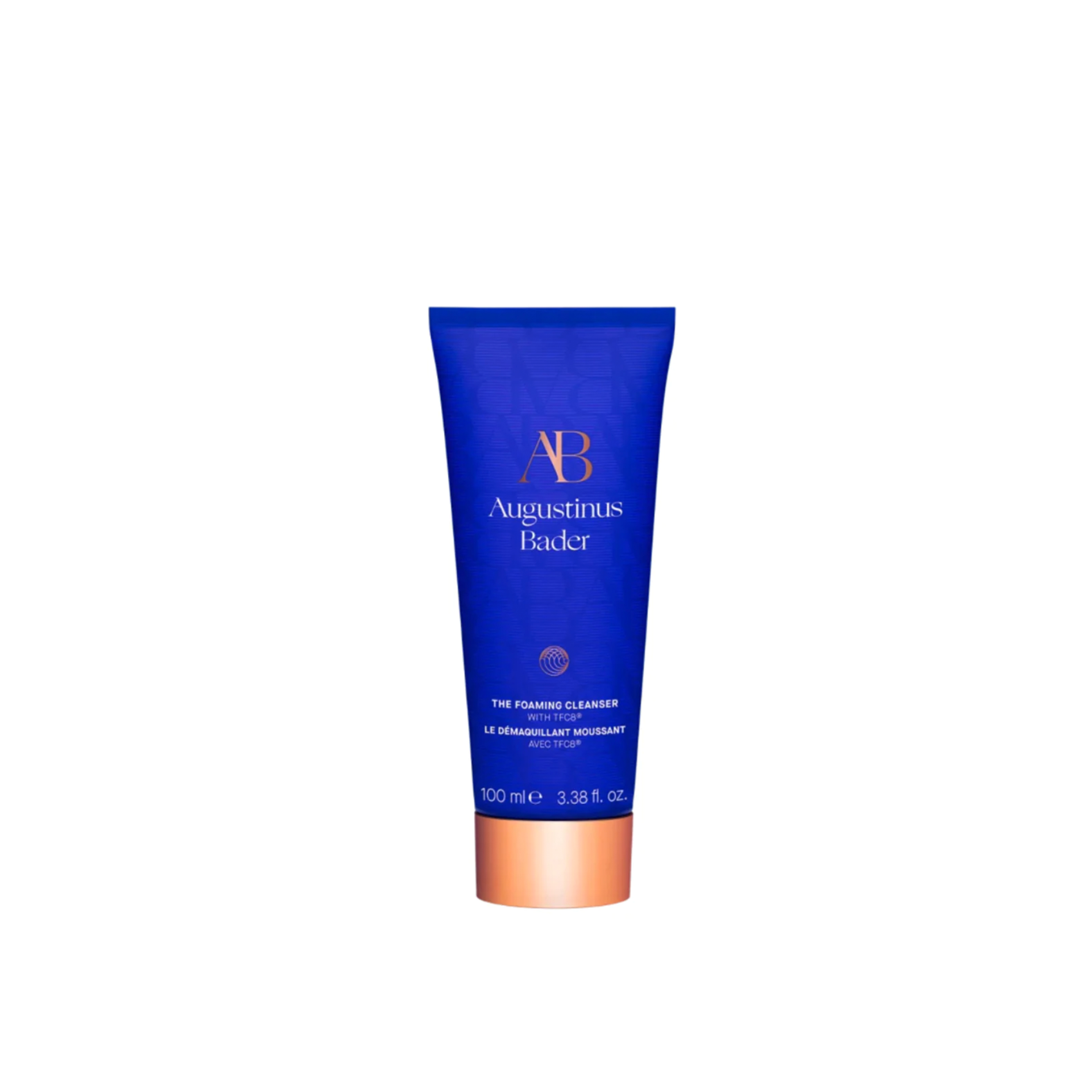 A blue tube of Augustinus Bader The Foaming Cleanser with a copper-colored cap.