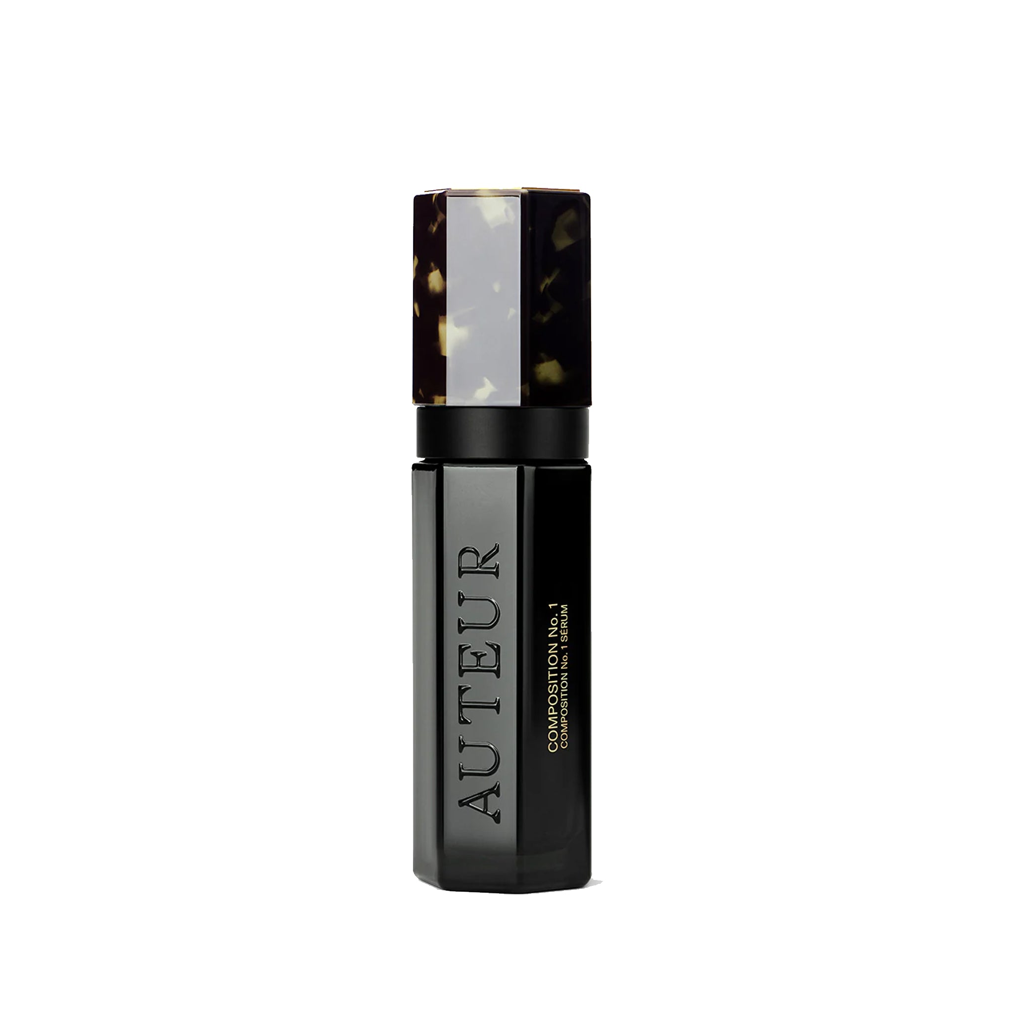 Black cosmetic bottle with 'Auteur' branding on a white background