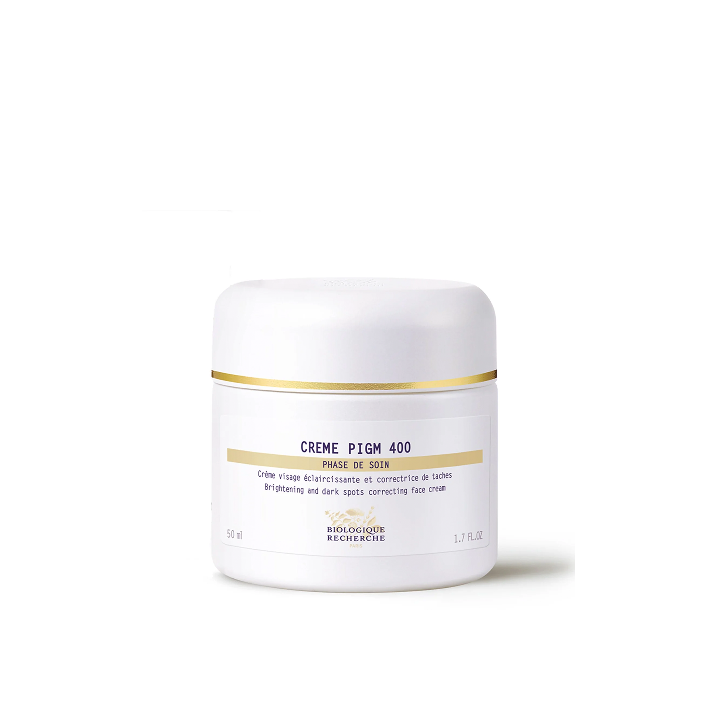 A white jar with a gold band labeled 'Crème PIGM 400' from Biologique Recherche.