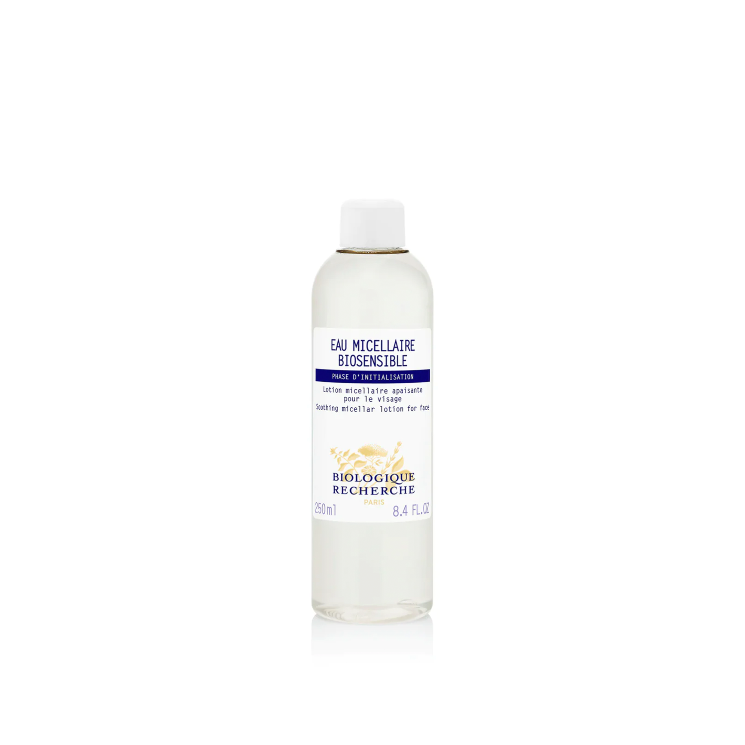 A white bottle labeled Eau Micellaire Biosensible from Biologique Recherche, containing a clear liquid suitable for makeup removal and skin care.