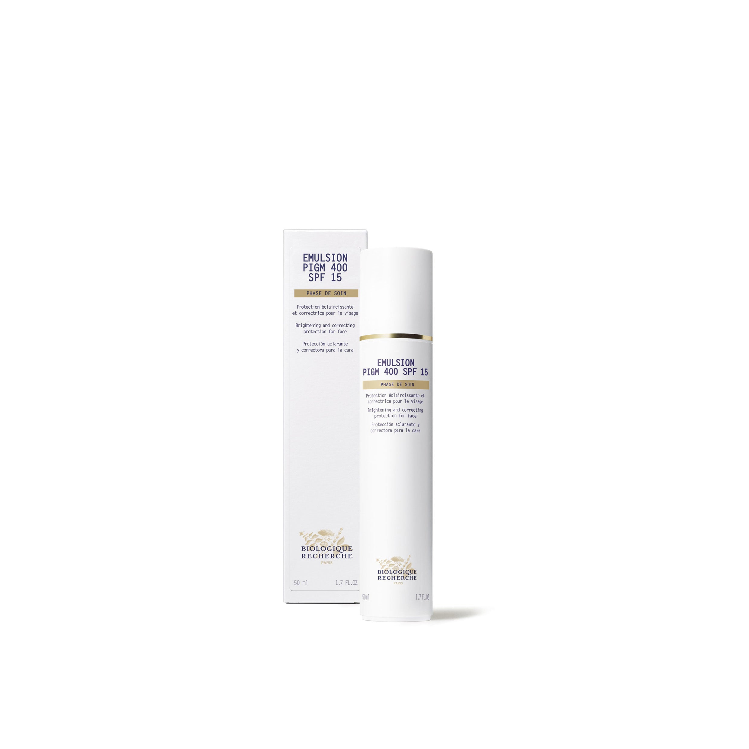 A white tube and box packaging of Biologique Recherche Emulsion PIGM 400 SPF 15 with product information printed on it.