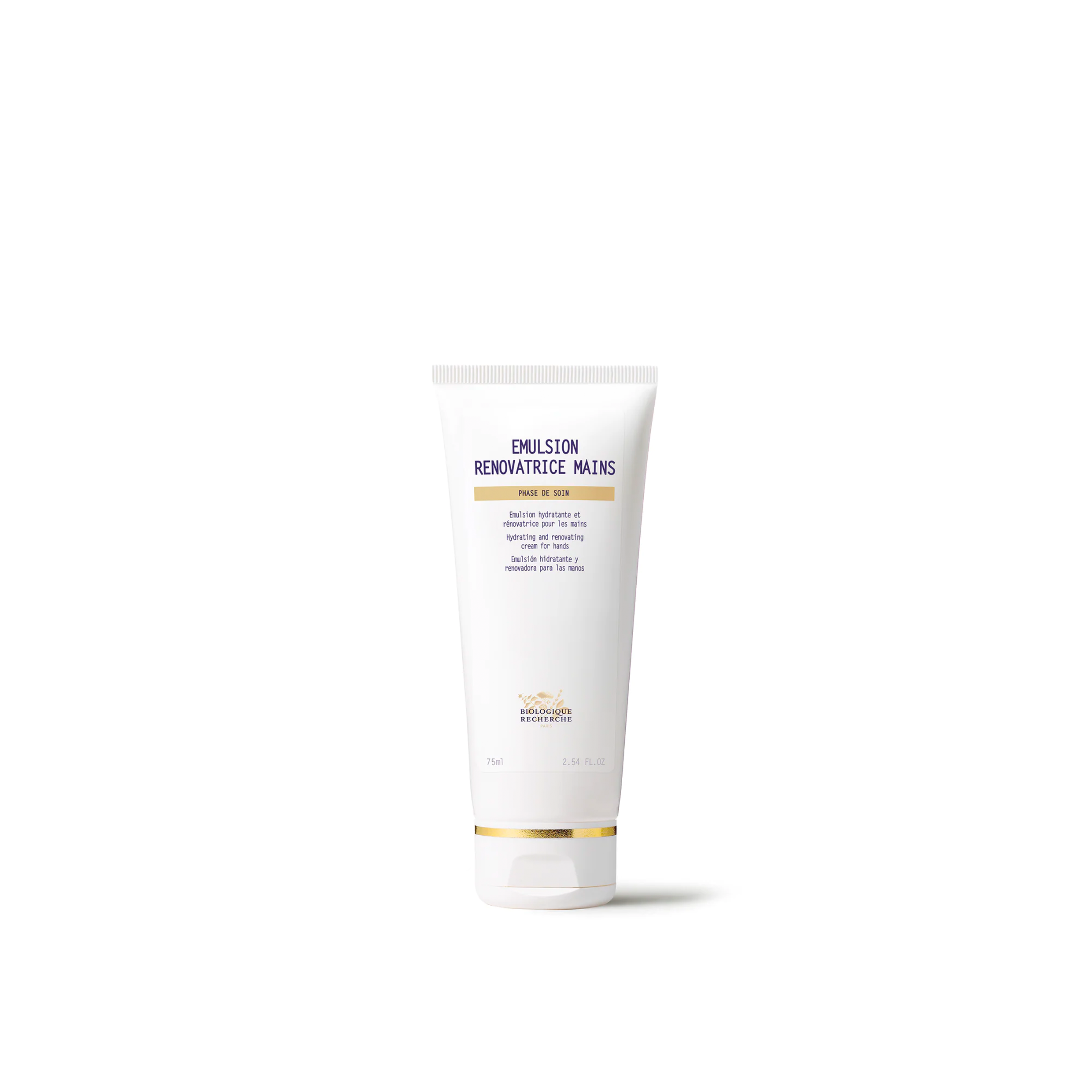 A tube of Biologique Recherche Emulsion Renovatrice Mains with a white and gold color scheme.