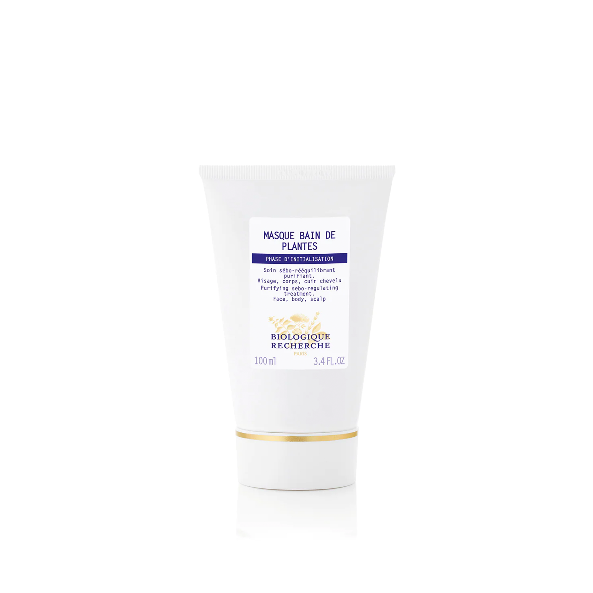 A white tube of Biologique Recherche Masque Bain De Plantes with blue and gold text on the label.