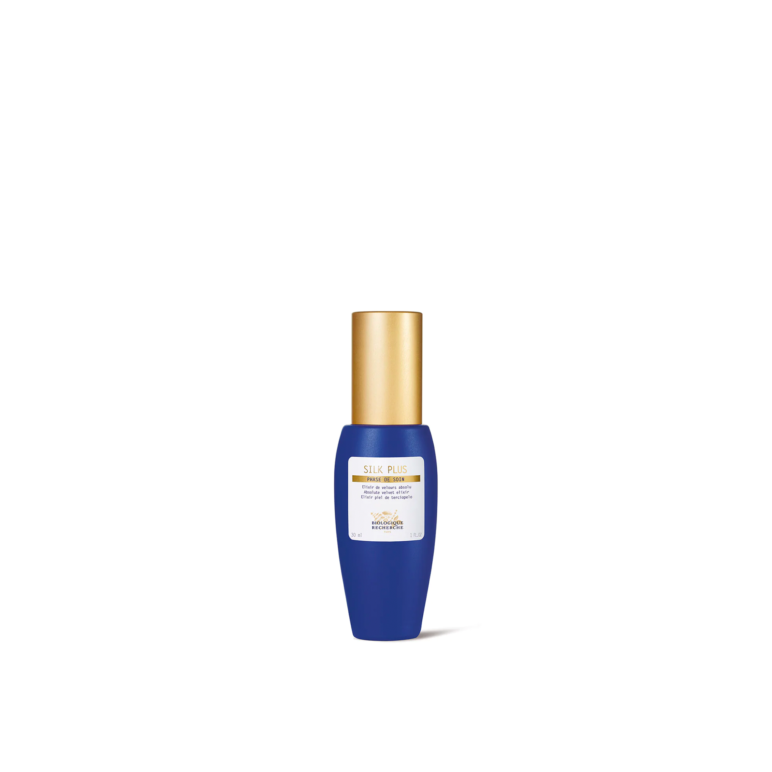 A blue bottle with a gold cap labeled 'Biologique Recherche Silk Plus' against a white background.