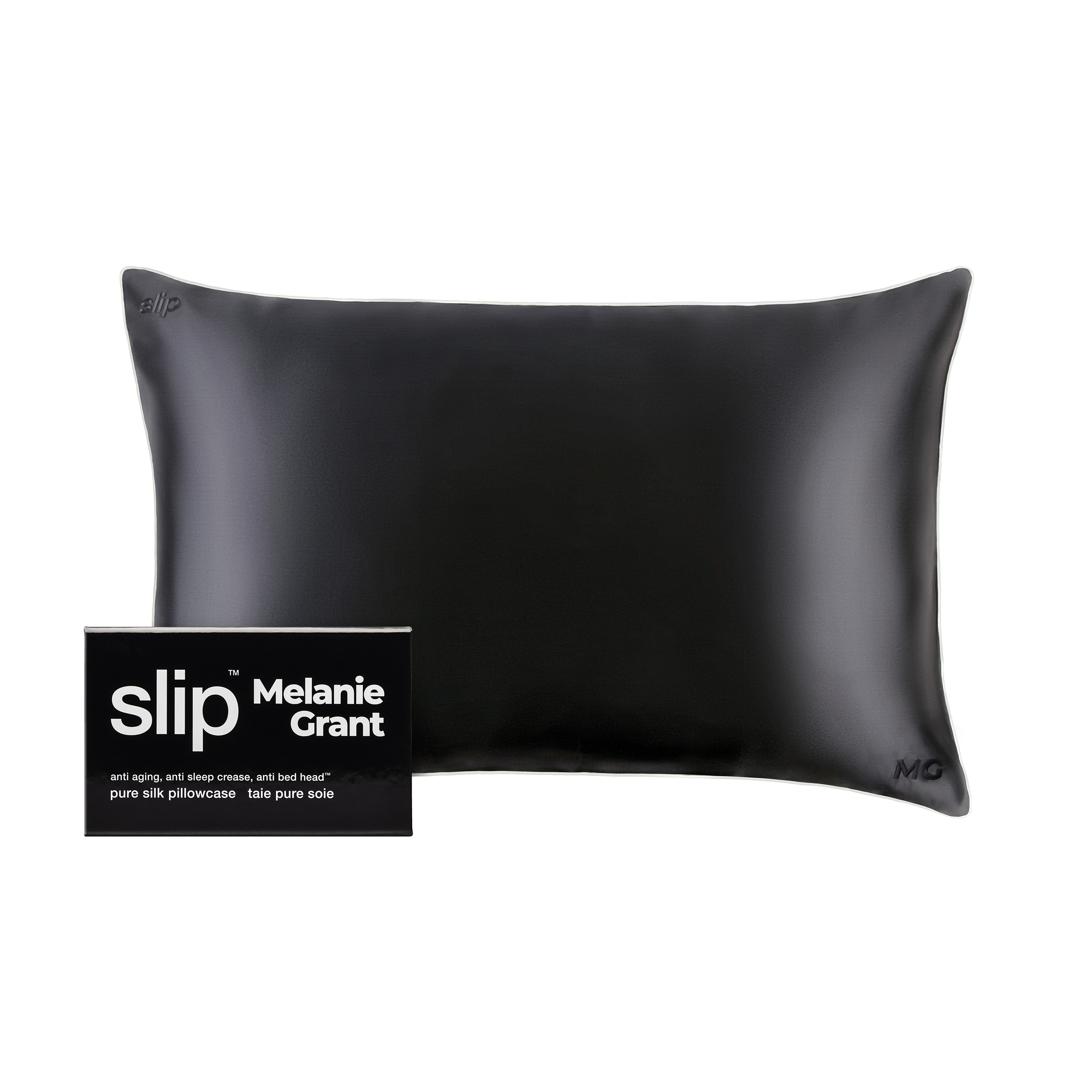 A silk pillowcase shown next to the box it is packed in.