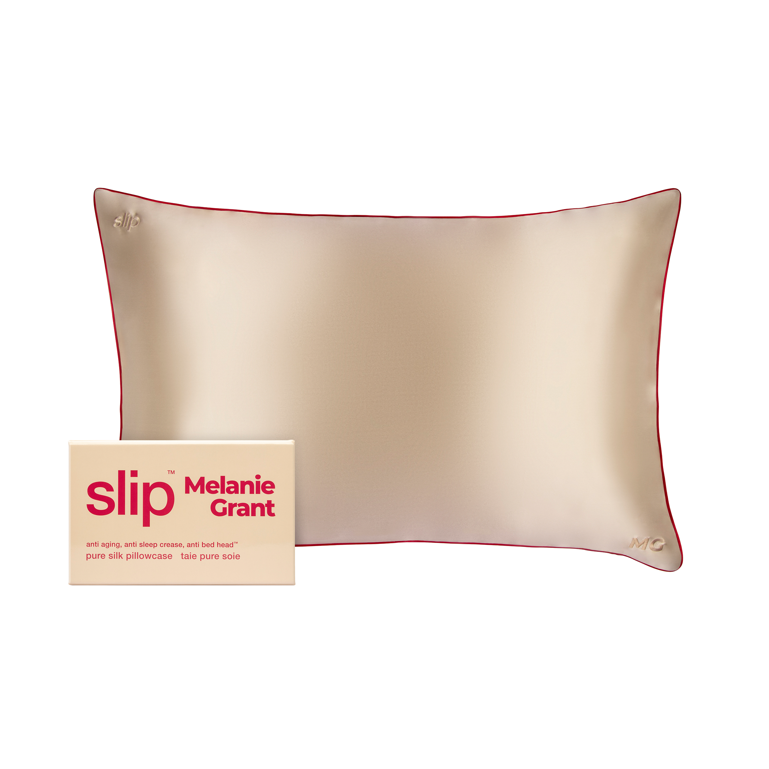 A silk pillowcase shown next to the box it is packed in.