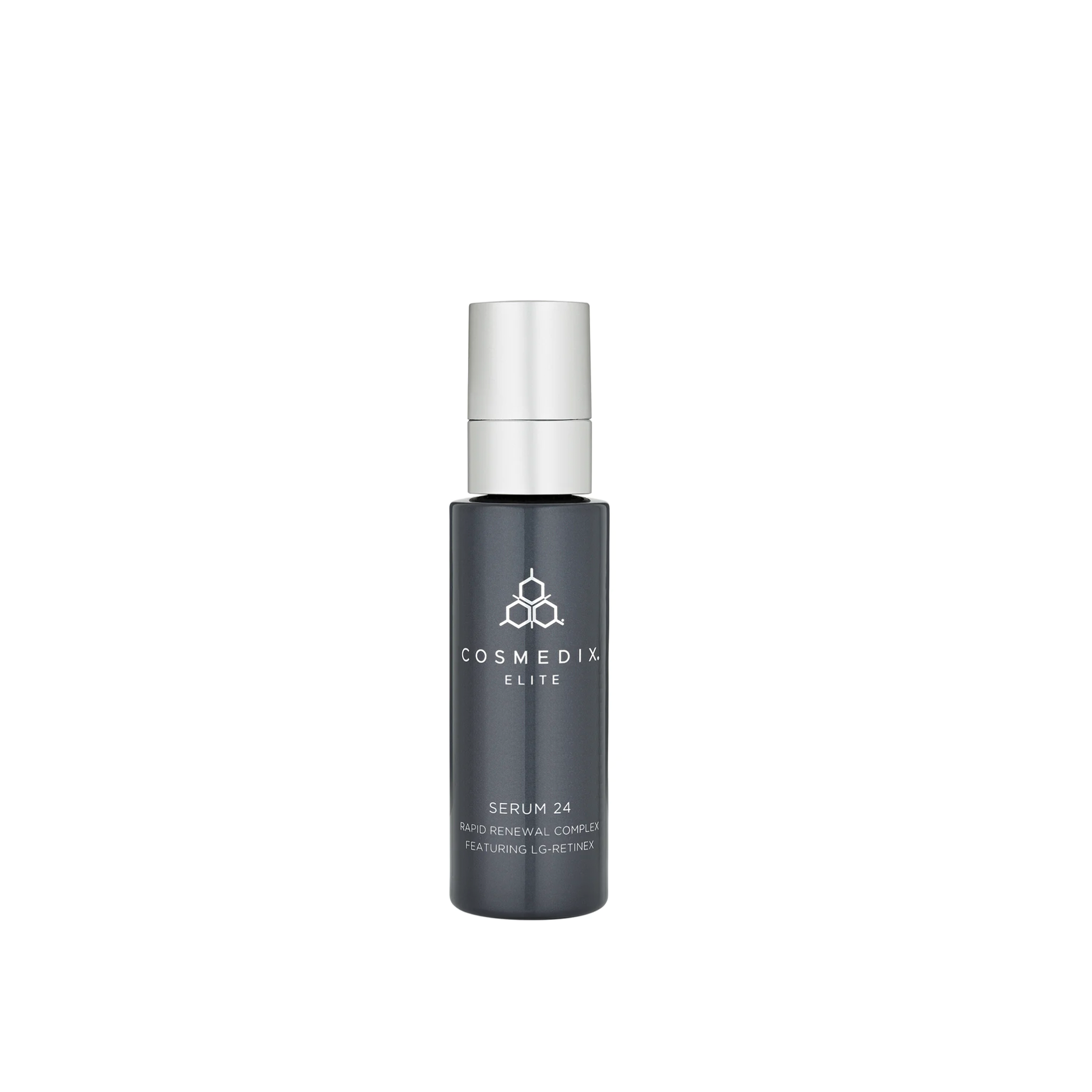 A bottle of Cosmedix Elite Serum 24 with a white label and a dark cap, set against a white background.