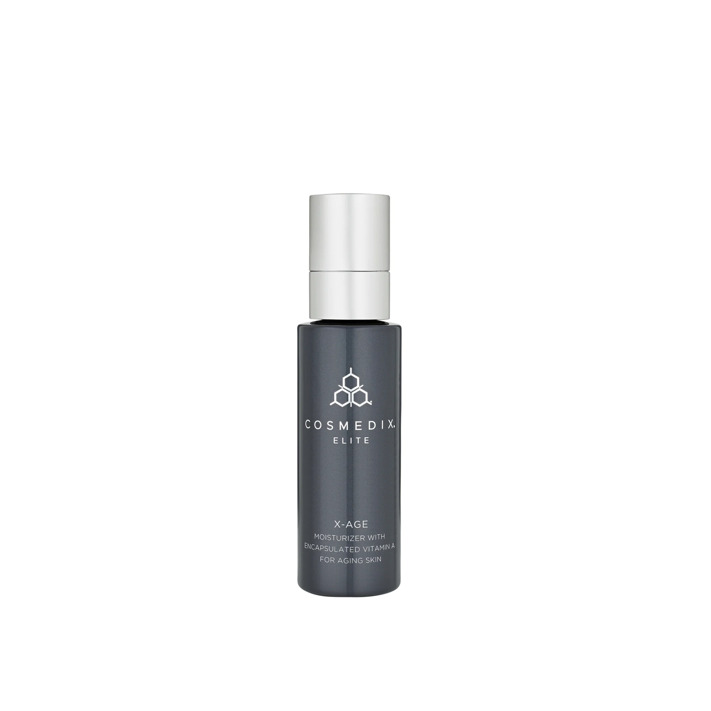 A bottle of Cosmedix Elite X-Age moisturizer with a white label and a dark grey body.
