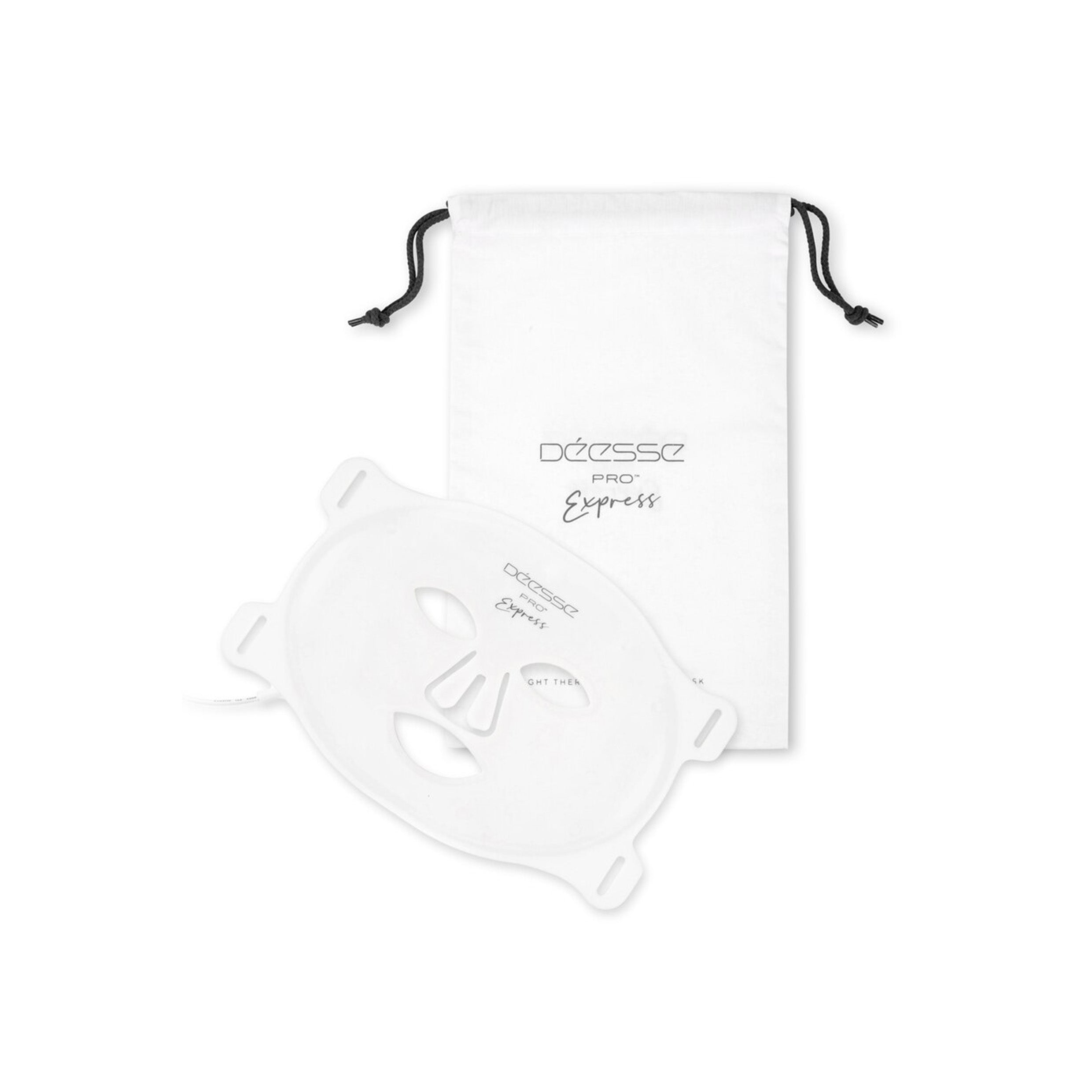 A silicone flexible LED light therapy mask by Déesse, displayed alongside its packaging which includes a white drawstring bag with the brand name. The mask is designed for skincare and the image portrays a sleek, professional product presentation.