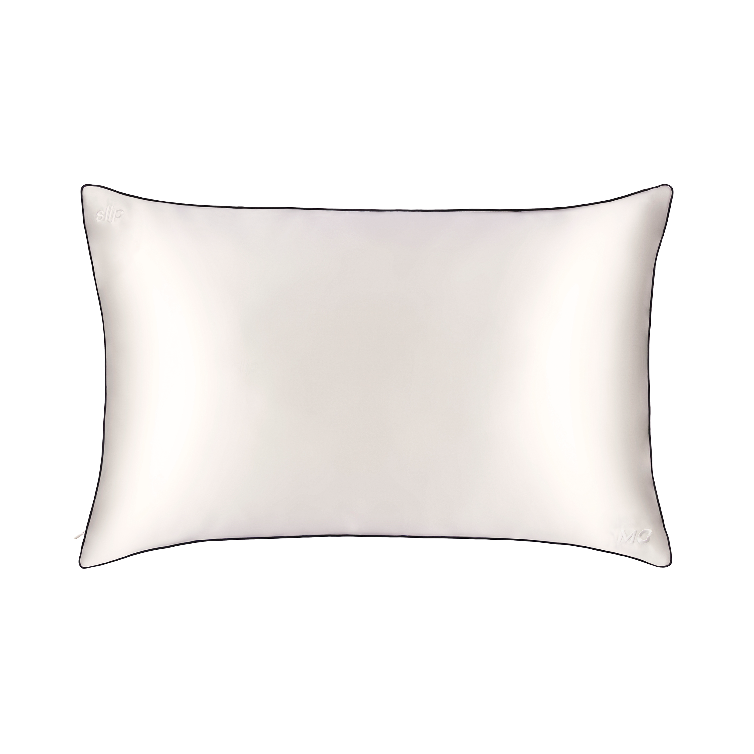 A white silk pillowcase with a black trim and a visible zipper.