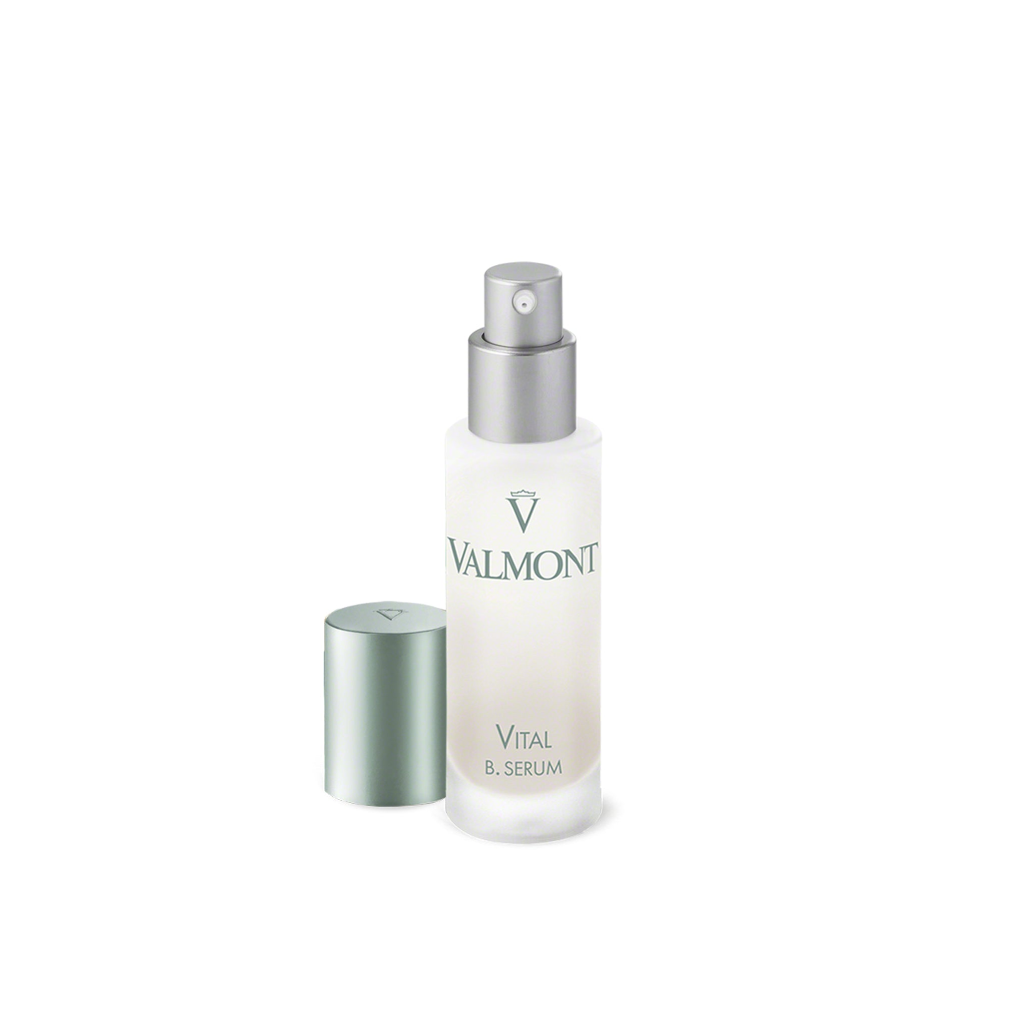 Valmont Vital B Serum bottle with silver cap on a white background