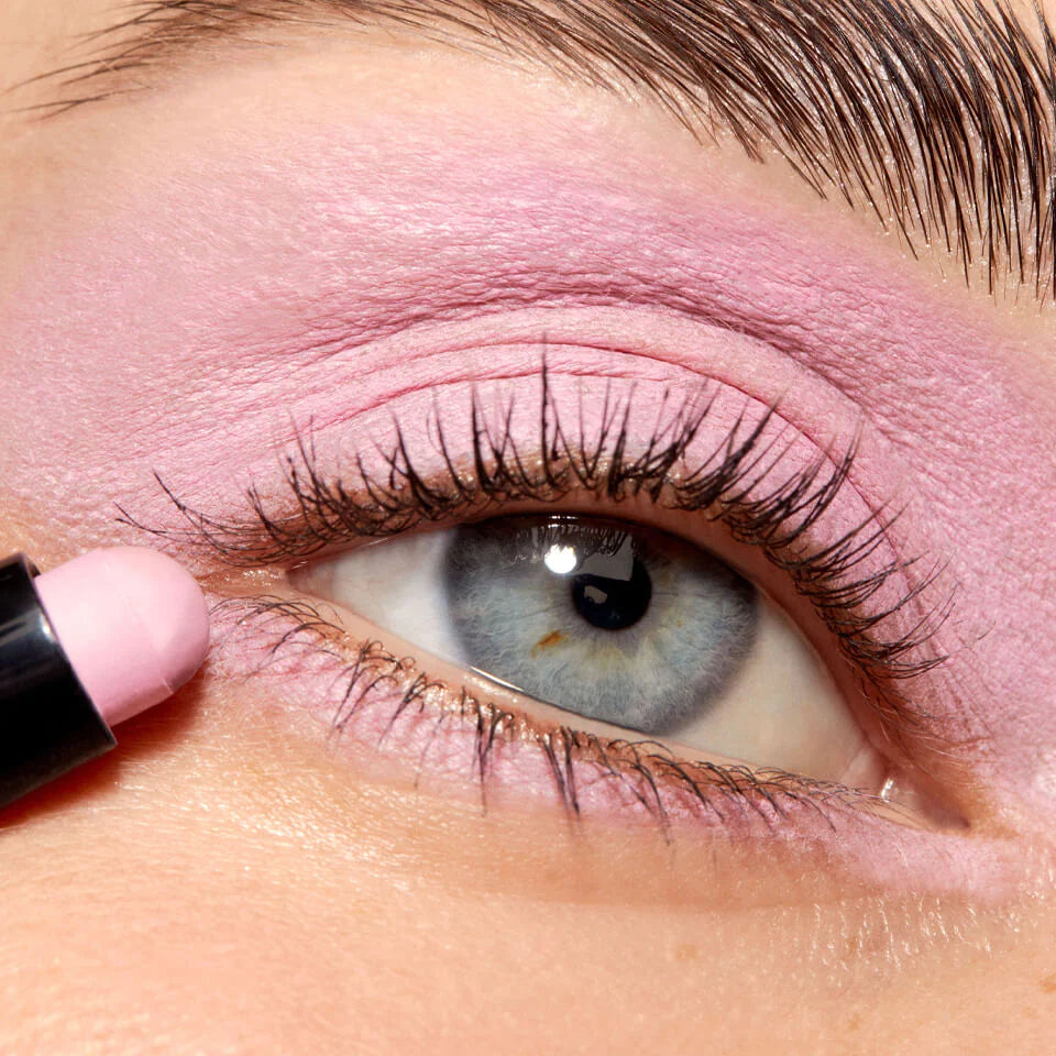 Close up of model wearing pink eyeshadow