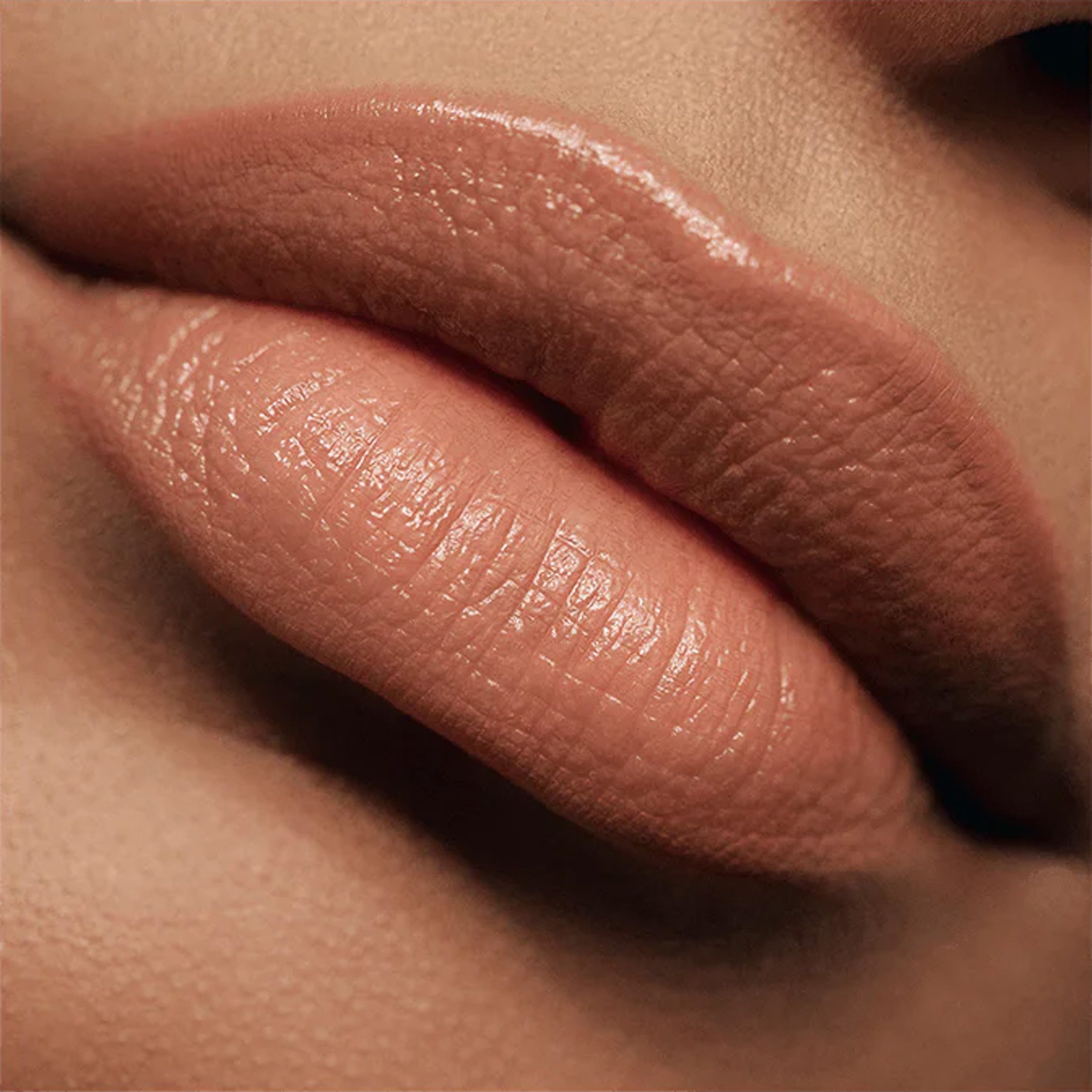A close up image of lips wearing liipstick in a ginger shade.