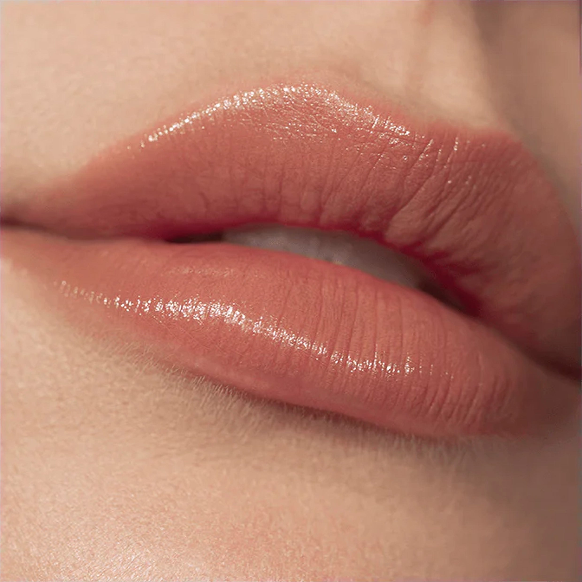 A close up image of lips wearing lipstick in a neutral pink shade.
