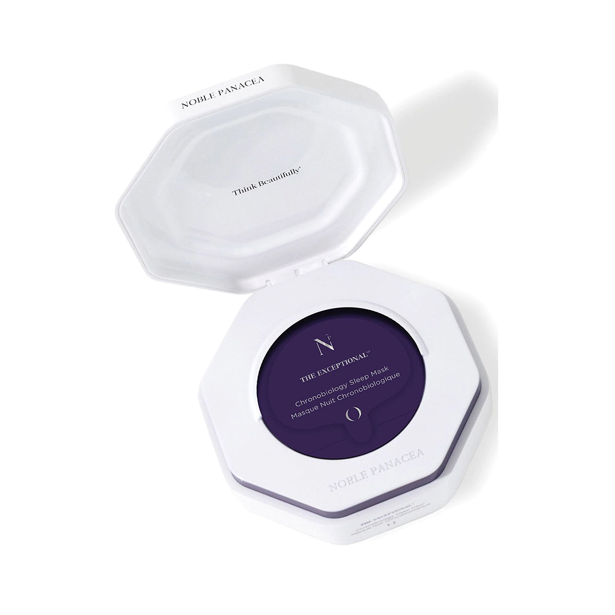 A packaged sleep mask product by Noble Panacea, with the product visible inside an open white box.