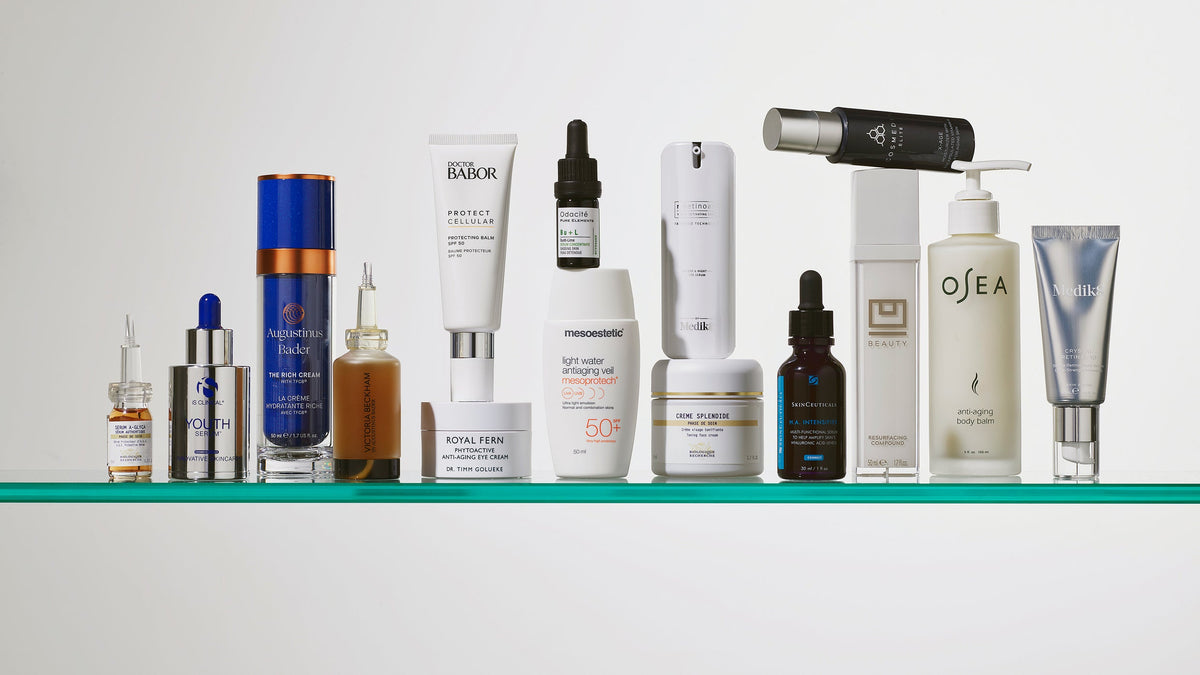 Skincare products arranged on a glass shelf from the Ageing photography archive
