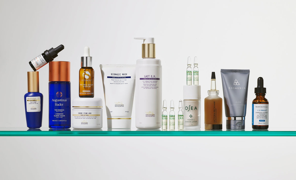Skincare products arranged on a glass shelf from the Dull & Devitalised photography archive