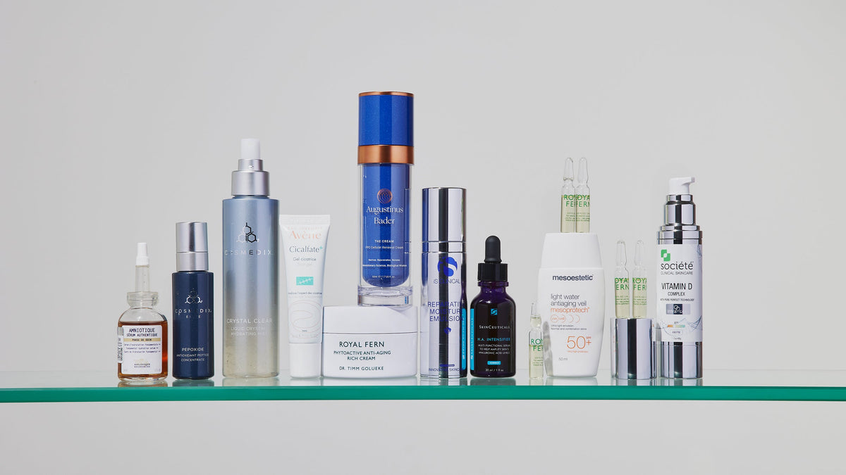 Skincare products arranged on a glass shelf from the Dry & Dehydrated photography archive