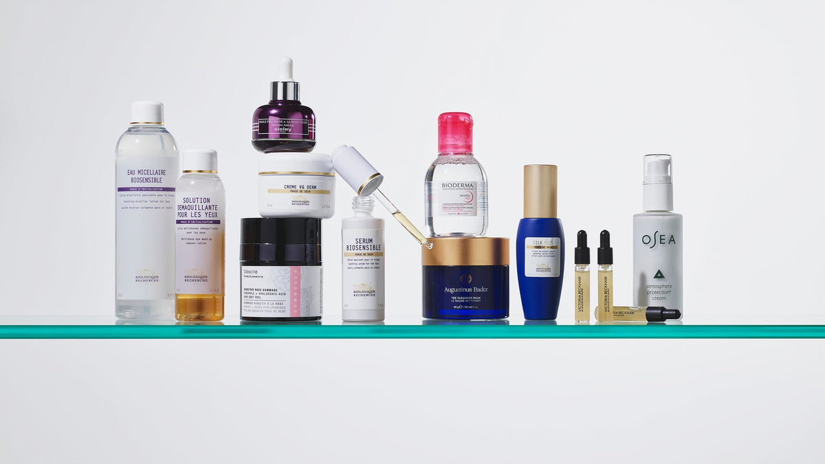 Skincare products arranged on a glass shelf from the Sensitive photography archive