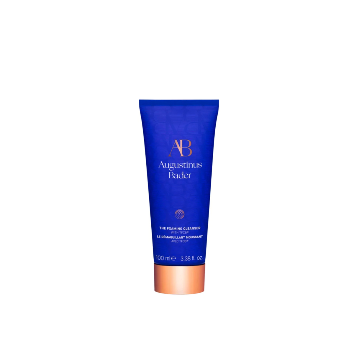 A blue tube of Augustinus Bader The Foaming Cleanser with a copper-colored cap.