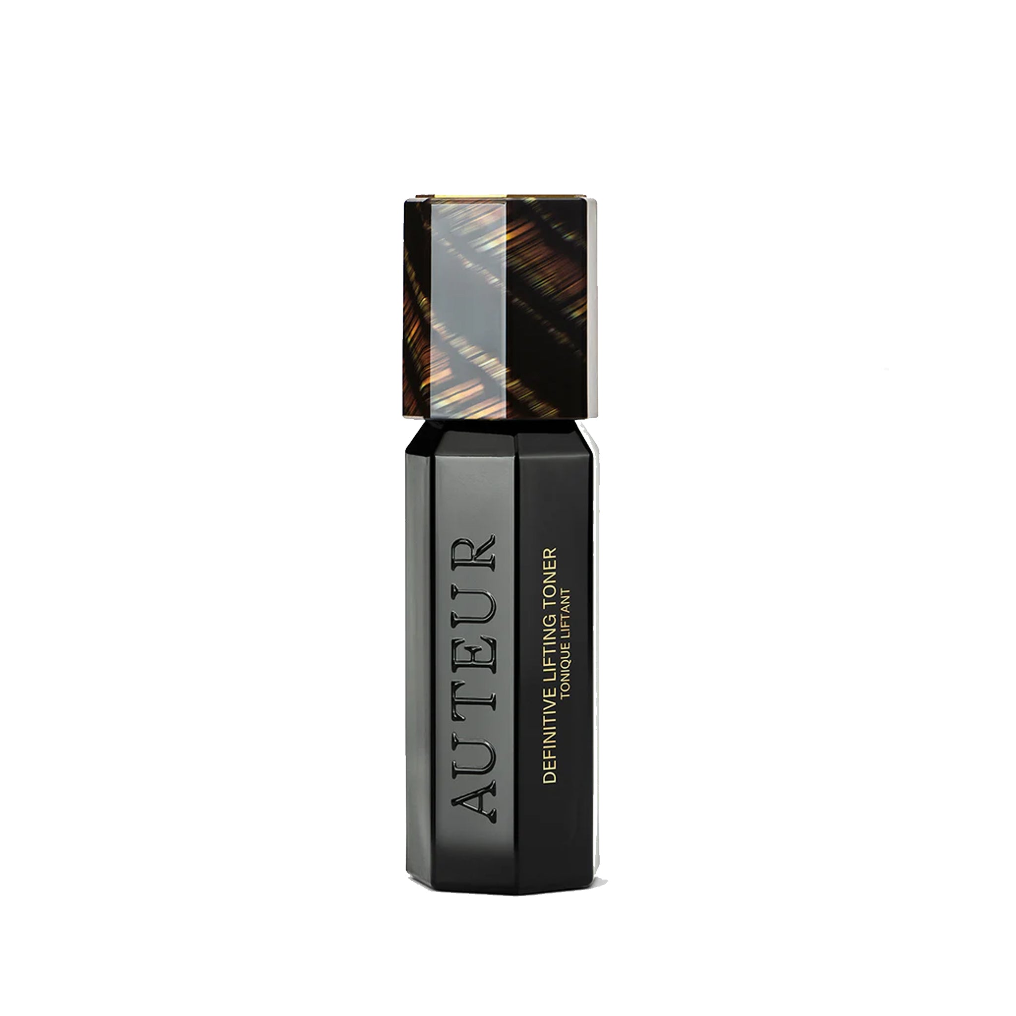 A black bottle with a geometric patterned cap and the brand name 'Auteur' printed on it.
