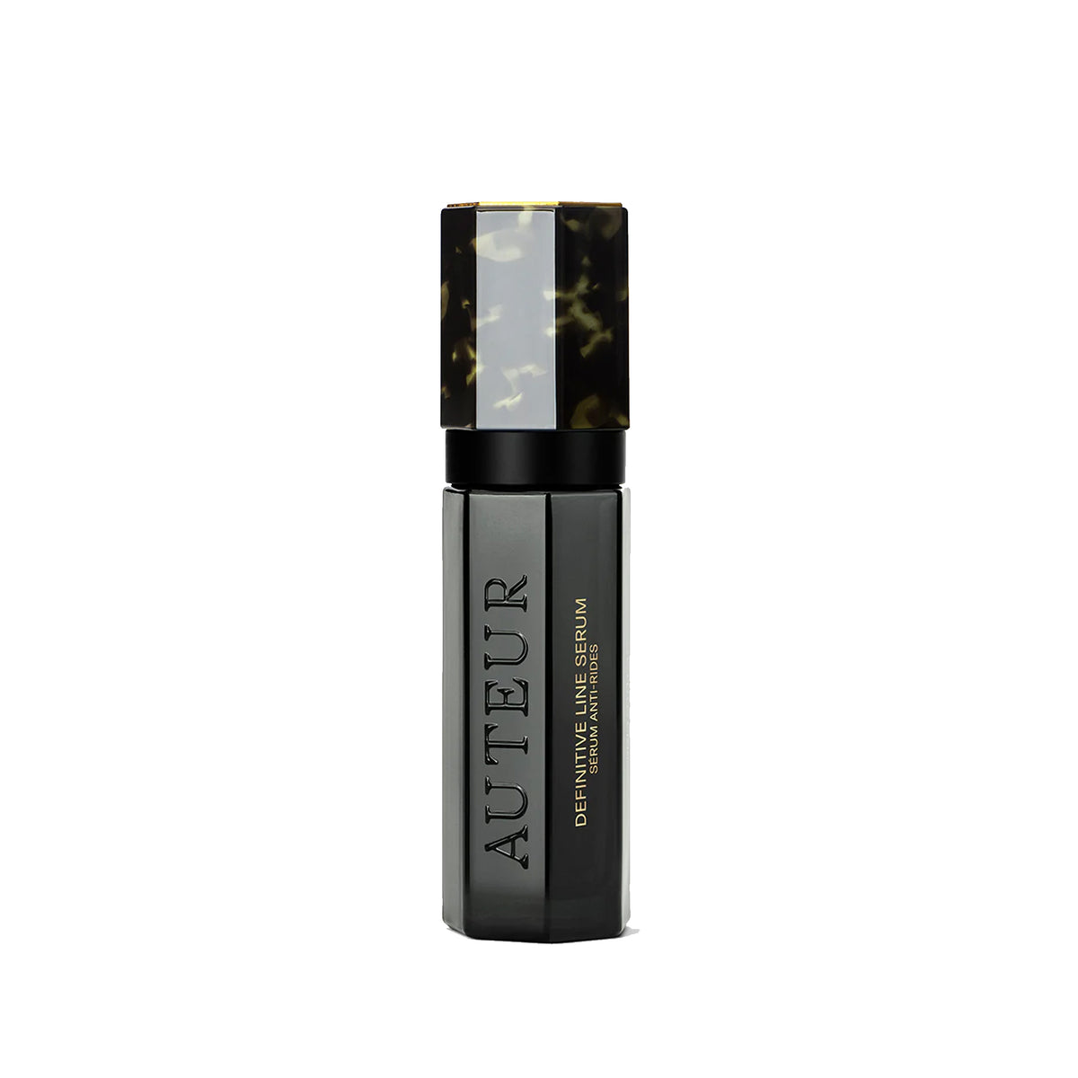A black and blue bottle of Auteur Definitive Line Serum with a sleek design.
