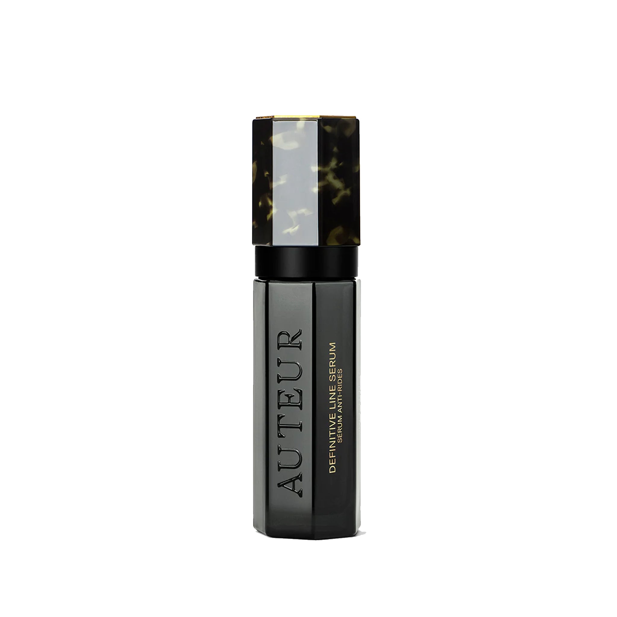 A black and blue bottle of Auteur Definitive Line Serum with a sleek design.