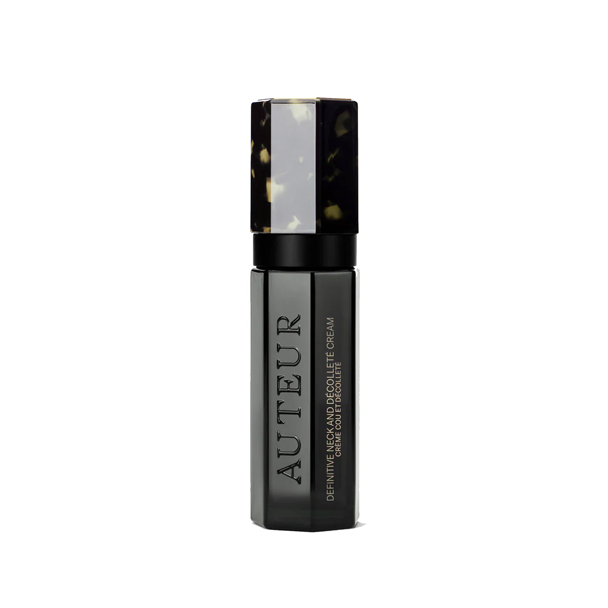 A pump bottle of Auteur brand neck and decollete cream against a white background.