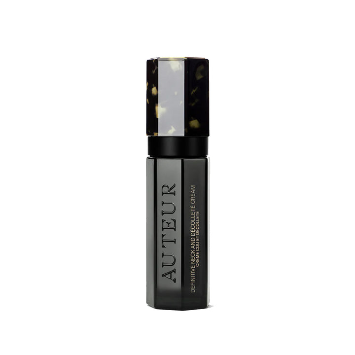 A pump bottle of Auteur brand neck and decollete cream against a white background.