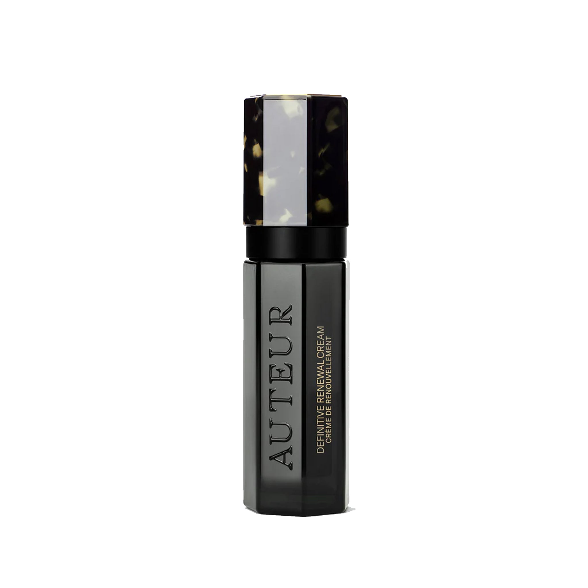 A black jar of Auteur Definitive Renewal Cream with a simple, elegant design