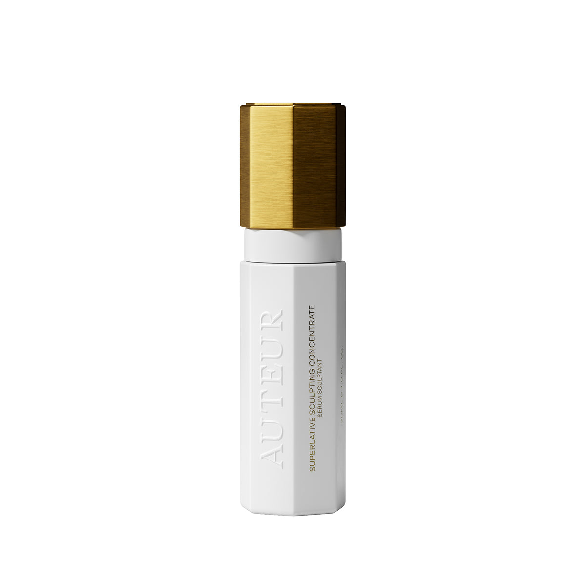 Skincare bottle with gold cap on a white background