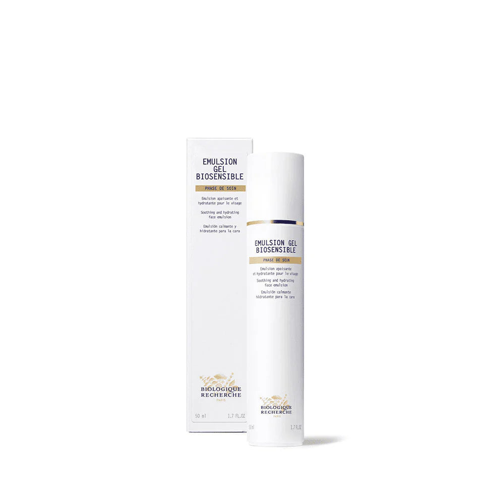 Cosmetic bottle and packaging of Emulsion Gel Biosensible on a white background