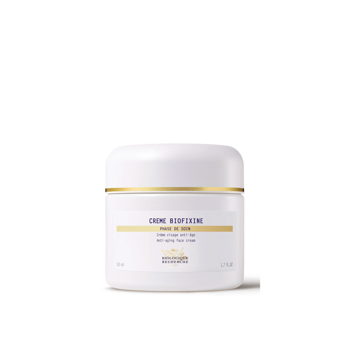 A white jar of Biologique Recherche Crème Biofixine with black and gold text, indicating it is a firming cream designed for the face.