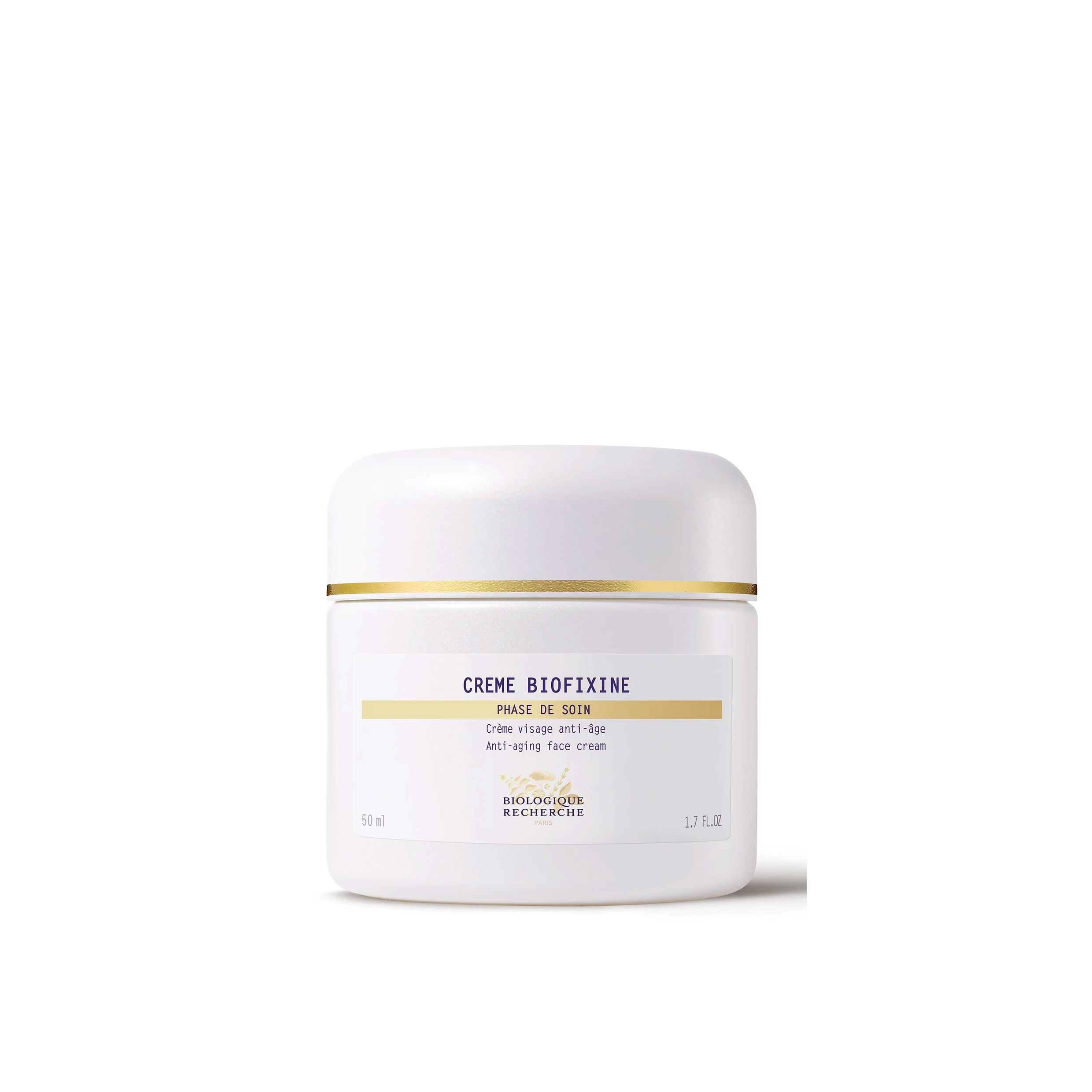 A white jar of Biologique Recherche Crème Biofixine with black and gold text, indicating it is a firming cream designed for the face.