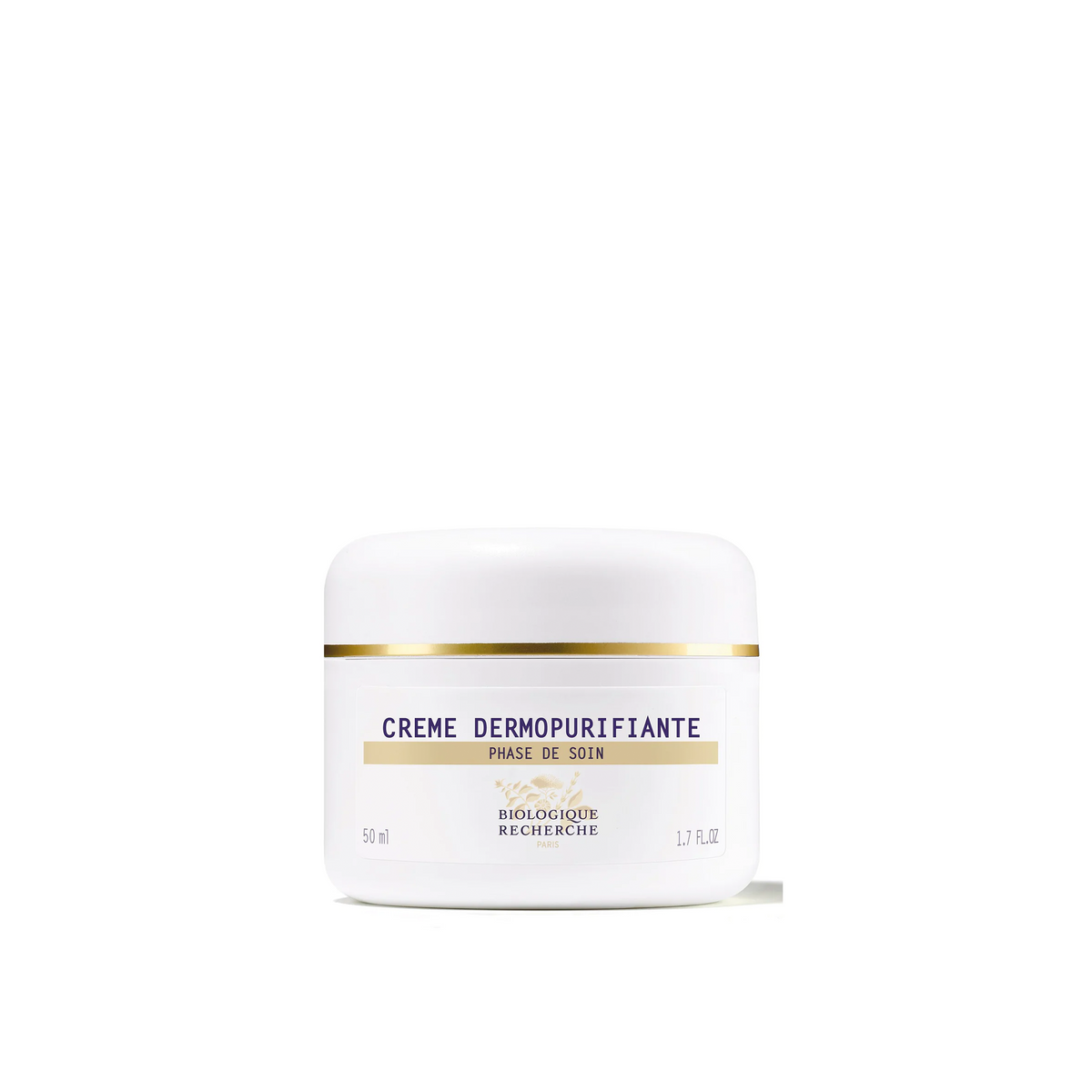 A white jar with a gold lid labeled 'CREME DERMOPURIFIANTE' from Biologique Recherche.