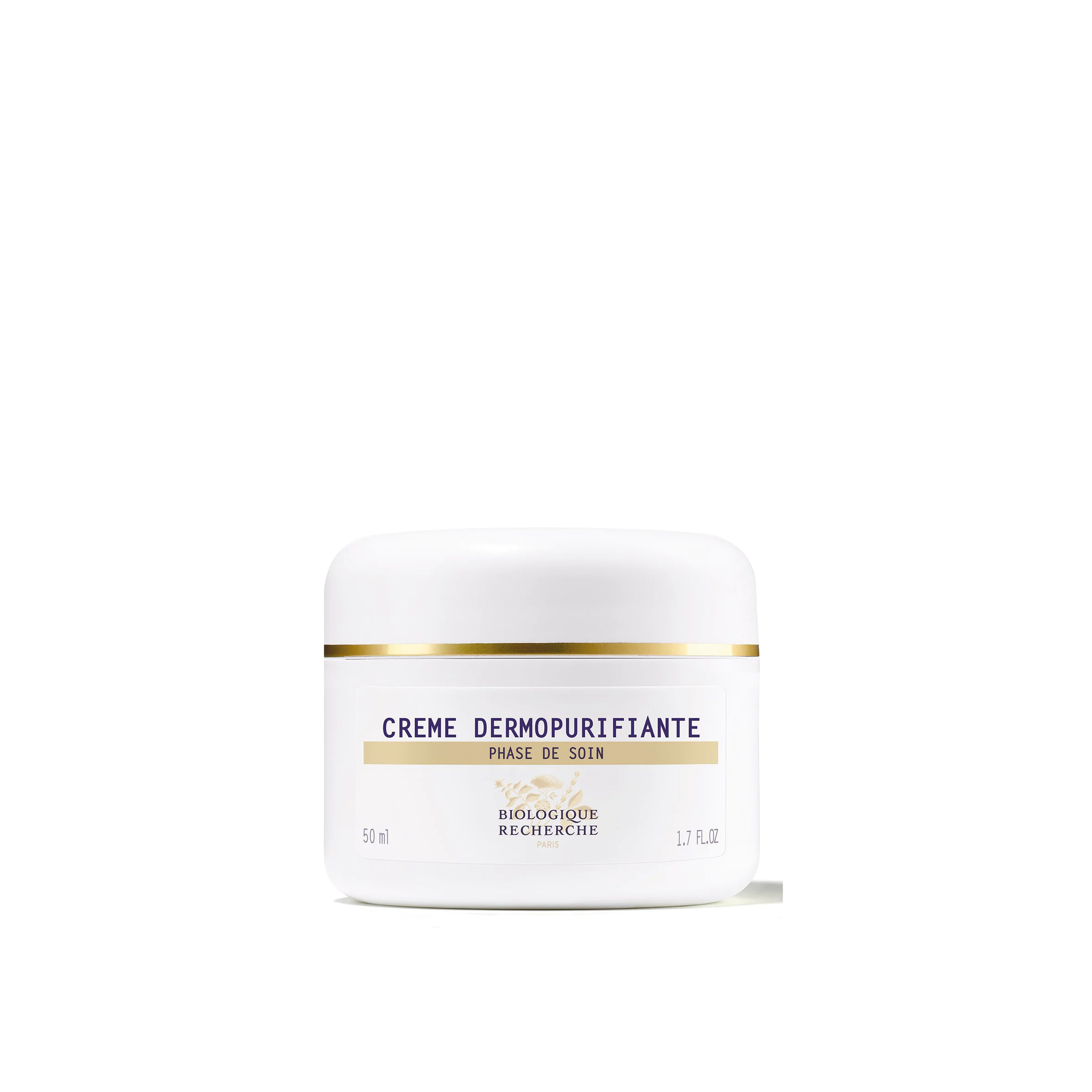 A white jar with a gold lid labeled 'CREME DERMOPURIFIANTE' from Biologique Recherche.