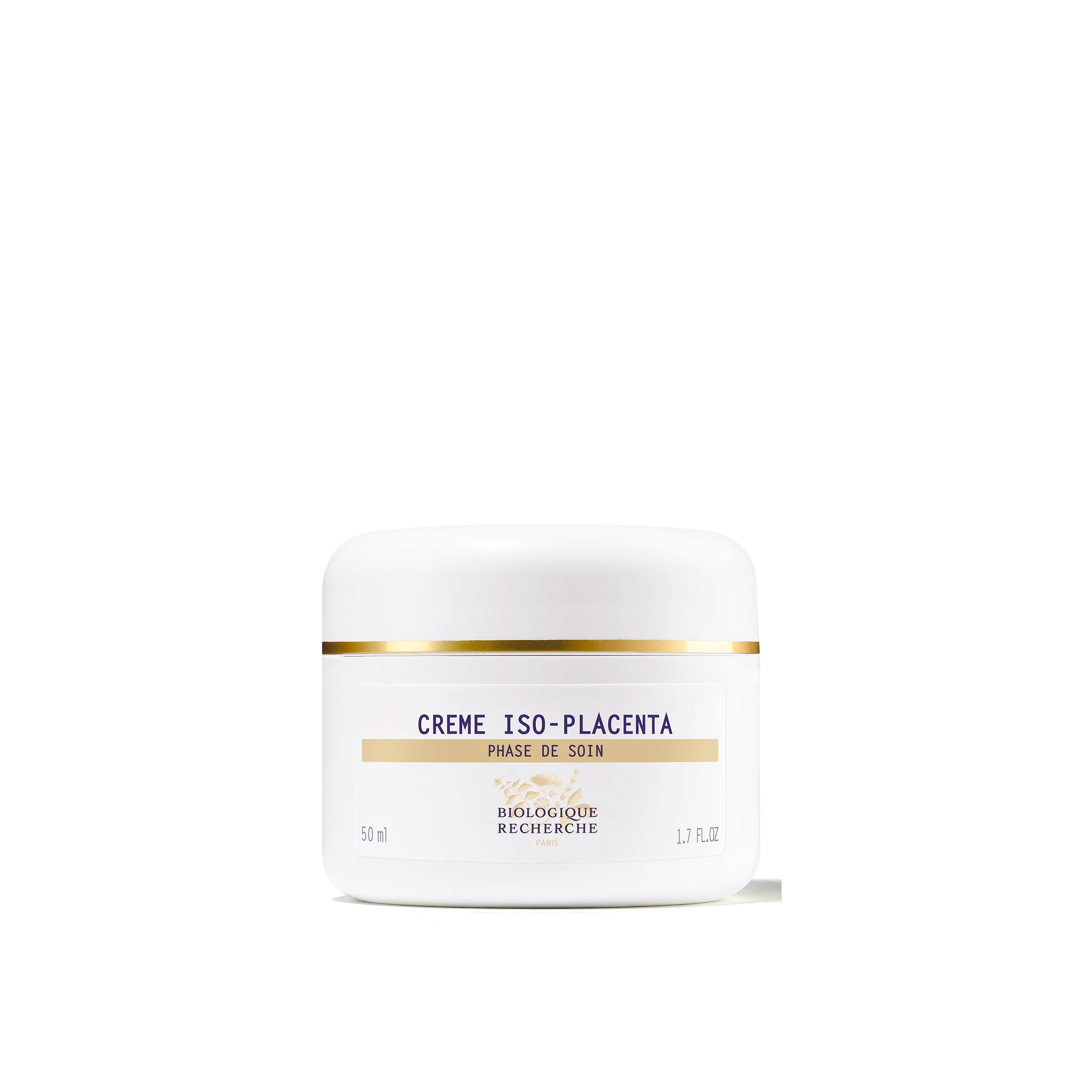 A white jar of Biologique Recherche Crème Iso-Placenta with black and gold text, indicating it is a product for combination skin.