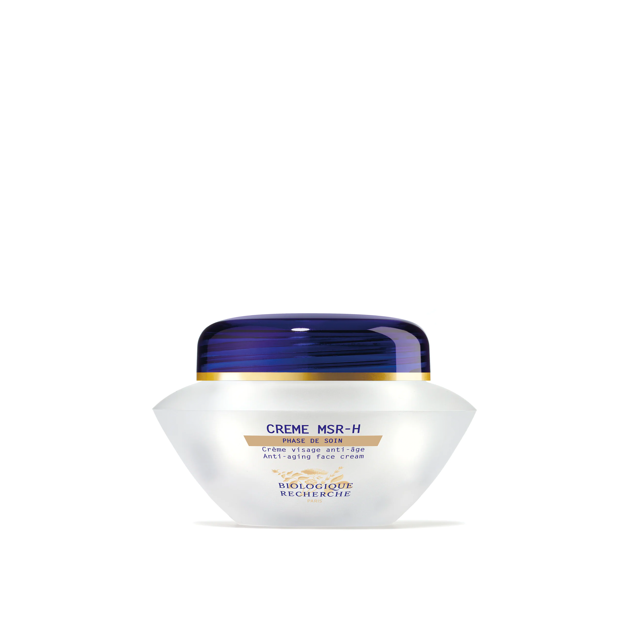 A white jar of Biologique Recherche Crème MSR-H with a blue lid, labeled for anti-aging and moisturizing purposes.