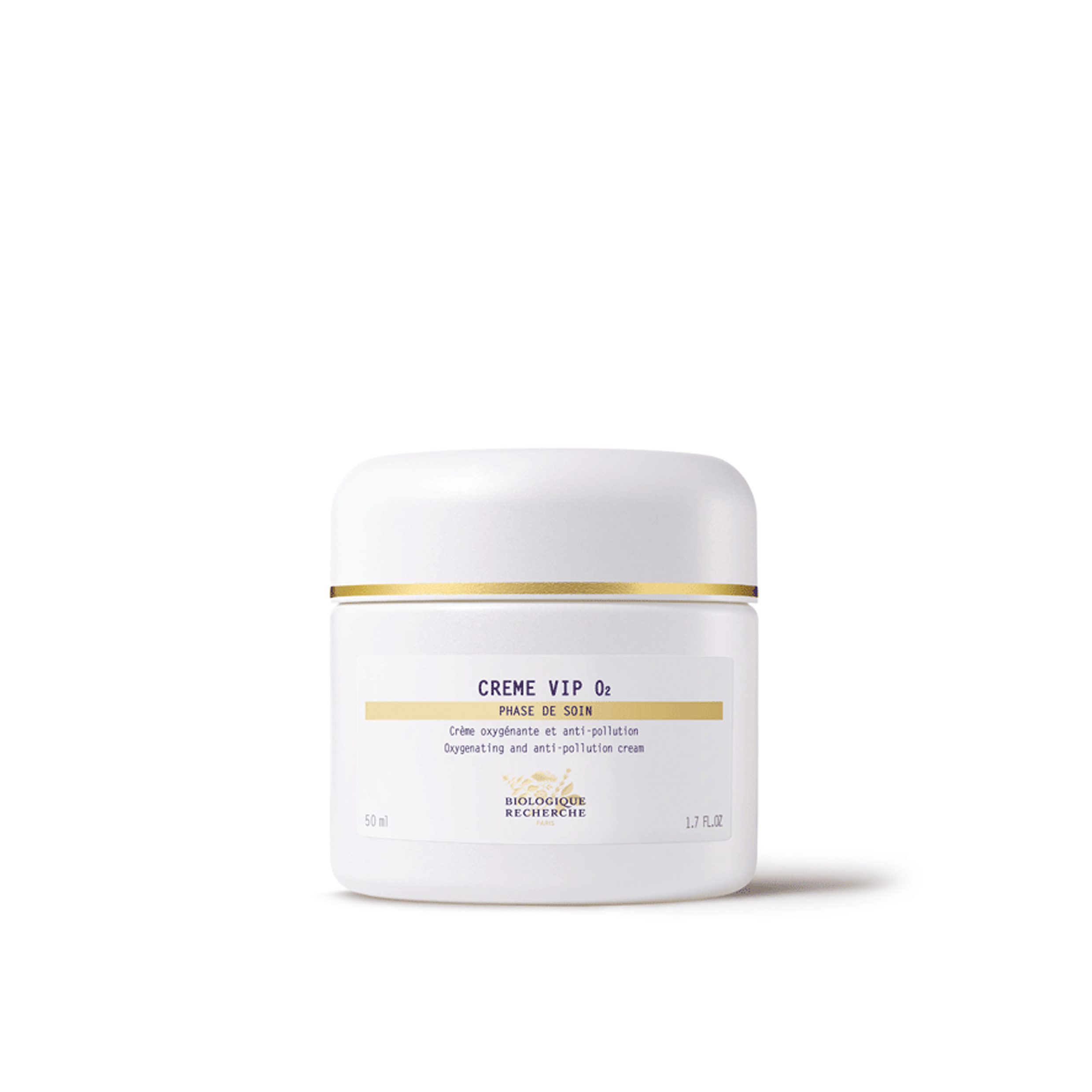 A white jar of Biologique Recherche Crème VIP O2 with black and gold text, indicating it is a hydrating and brightening cream for the face.