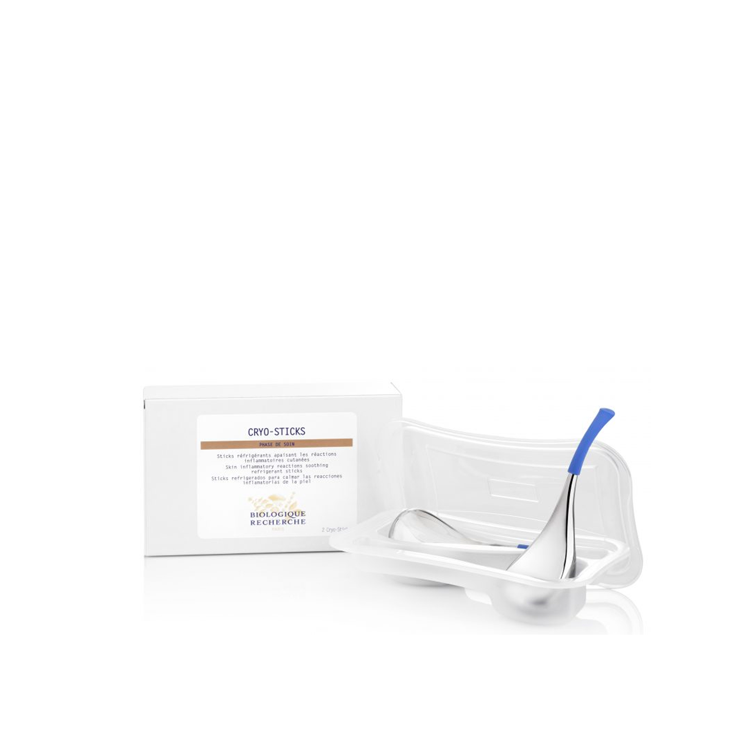A set of Biologique Recherche Cryo-Sticks, which are stainless steel facial wands, presented alongside their packaging.