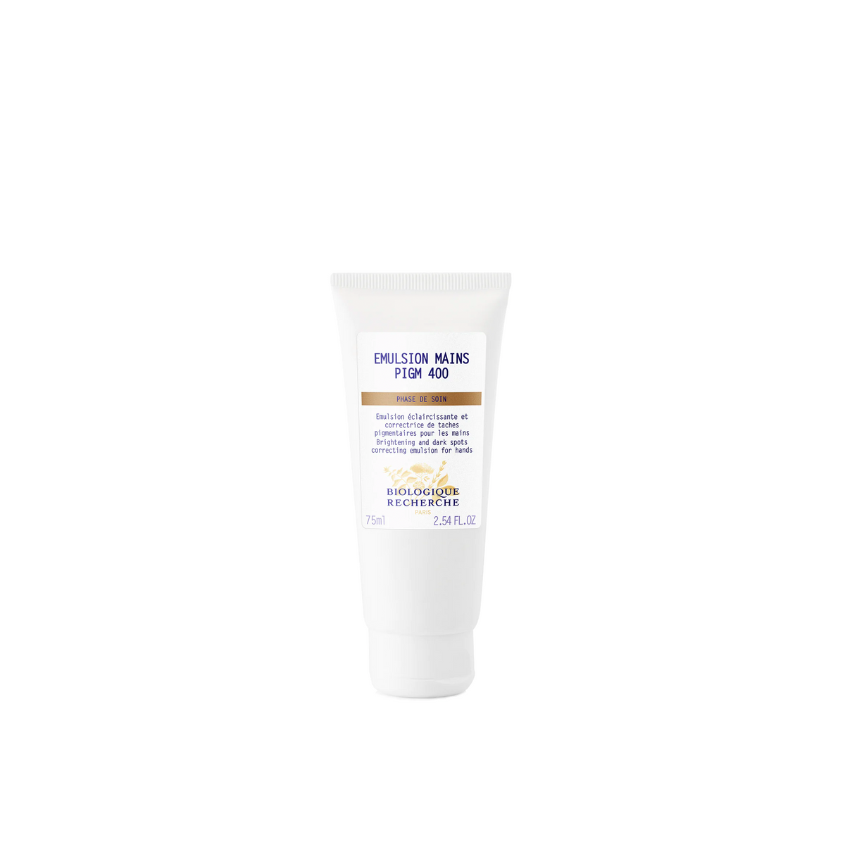 A tube of Biologique Recherche Emulsion Mains PIGM 400, which is a brightening and pigment correcting cream for the hands.