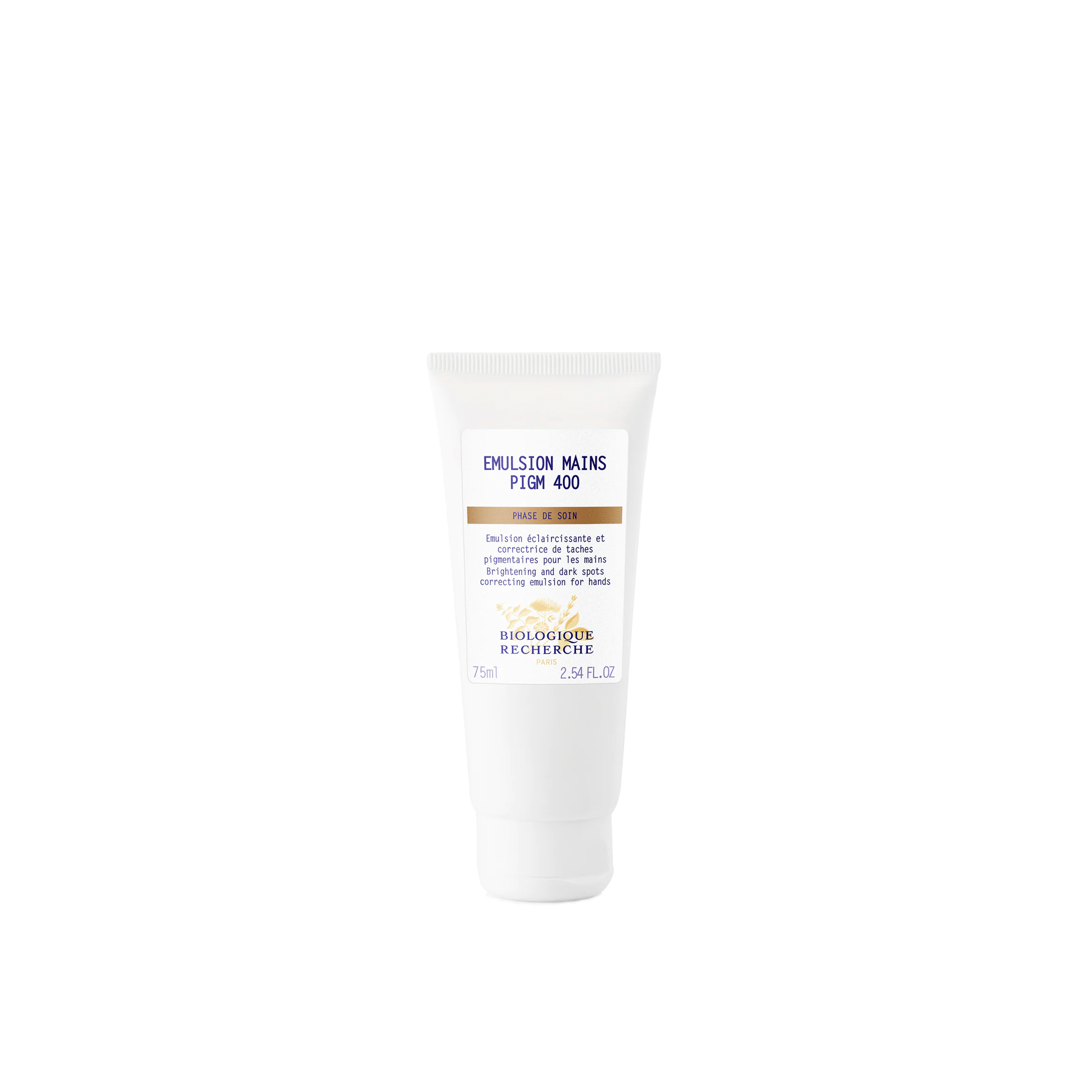 A tube of Biologique Recherche Emulsion Mains PIGM 400, which is a brightening and pigment correcting cream for the hands.