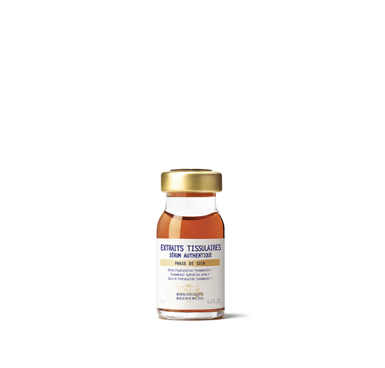 A glass vial containing BIologique Recherche Extraits Tissulaires Serum