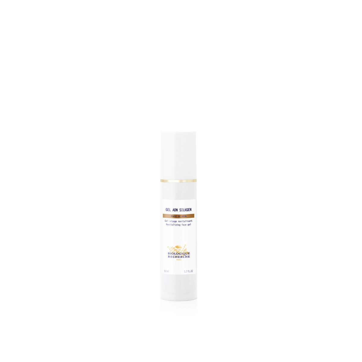 A white bottle of Biologique Recherche Gel ADN Silkgen with product information printed on it