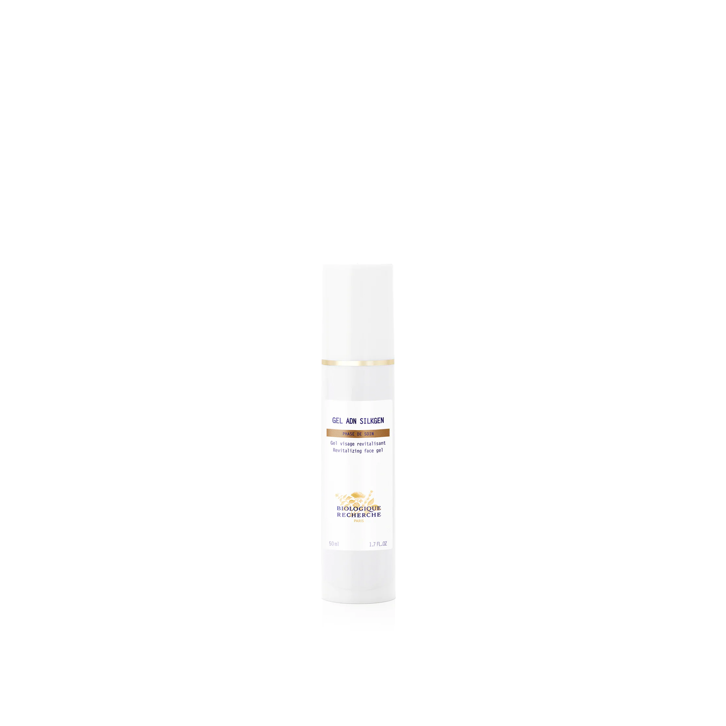 A white bottle of Biologique Recherche Gel ADN Silkgen with product information printed on it