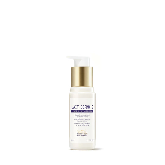 Skincare bottle labeled 'Lait Dermo-S' on a white background