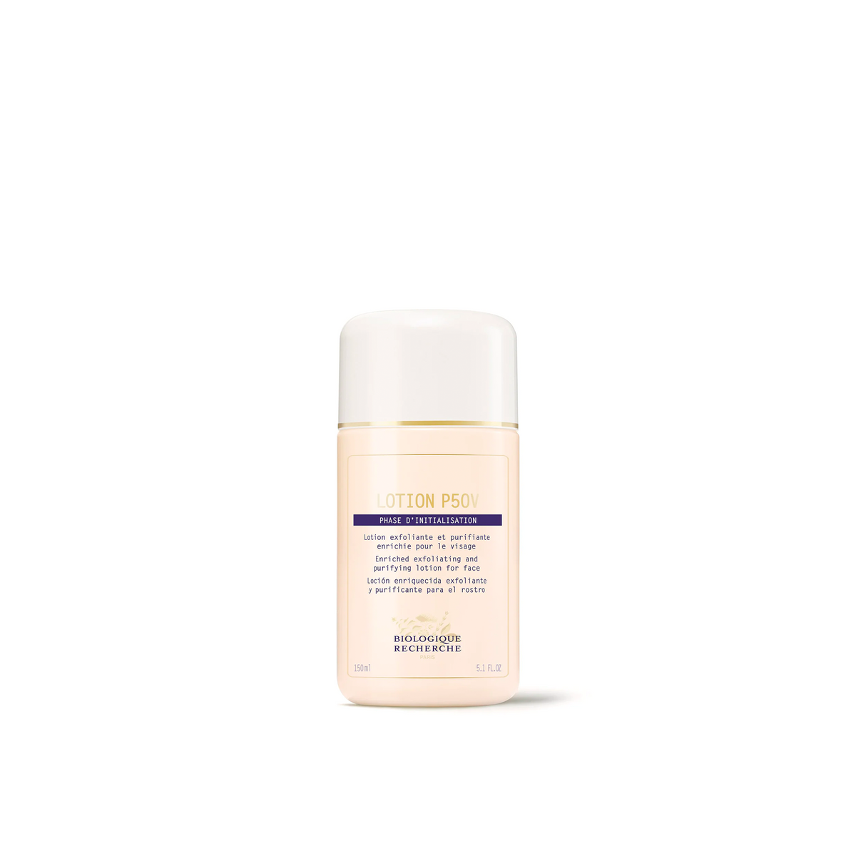 A bottle of Biologique Recherche Lotion P50V with a pink label and white cap, designed for skincare.