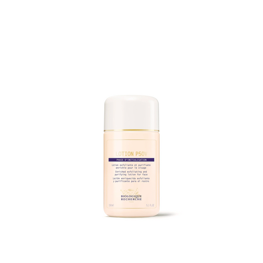 A bottle of Biologique Recherche Lotion P50V with a pink label and white cap, designed for skincare.